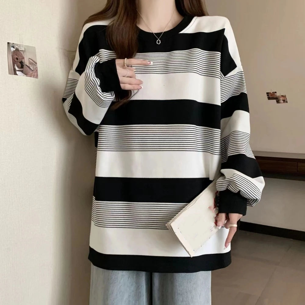 Korean Style Retro Long Sleeve T Shirt Plus Size Loose Sweatshirts for Women Chic Stylish Striped Blouse Streetwear