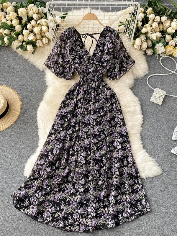 2025 Women Summer Dress Short Flare Sleeve V-neck Chiffon Maxi Dress Boho Style Floral Print High Waist A-line Beach Long Dress