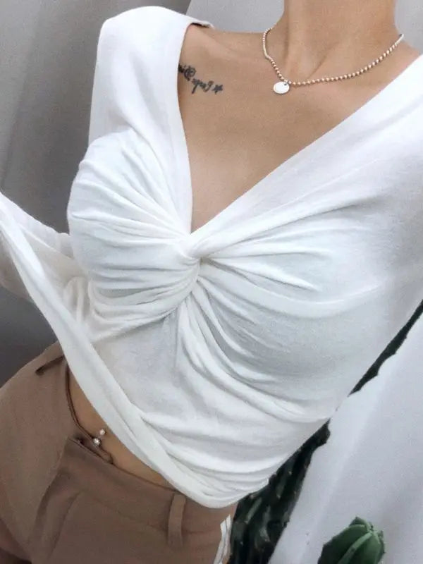 2025 Women Sexy T-shirt Long Sleeve Shirring V-neck Lady Slim Tshirt Summer Thin Solid Color Female Crop Top Tees for Woman