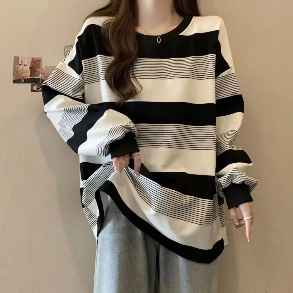 Korean Style Retro Long Sleeve T Shirt Plus Size Loose Sweatshirts for Women Chic Stylish Striped Blouse Streetwear