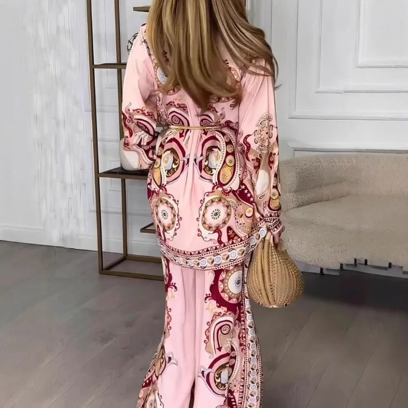 2025 Women Print Two Piece Set Elegant Chic Long Sleeve Shirt Top Wide Leg Pants Set Spring Vacation Tropical Outfits Streetwear