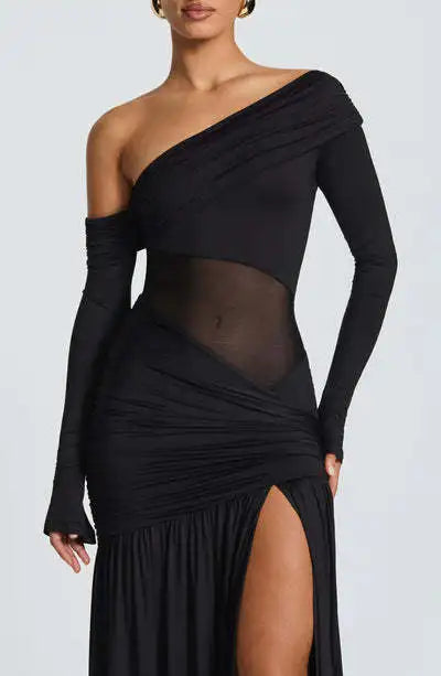 Slanted shoulder long sleeved high slit dress slim fit daily high street punk high street style elegant temperament party dress