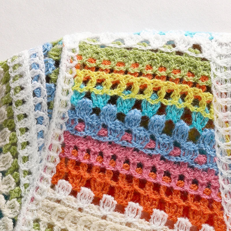 Rainbow Crochet Top Short Sleeve Multicolor Stried Blouse Cardigan Openwork Crop Knit Top for Women Teengirl Summer Outfit