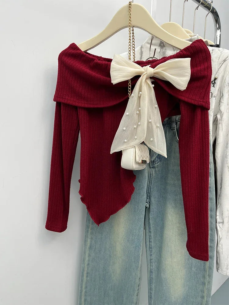 Sweet Korean Fashion Sweater Women's Bow Tied Off Shoulder Irregular Knitted Pullovers Autumn Winter Chic Sexy Short Crop Tops