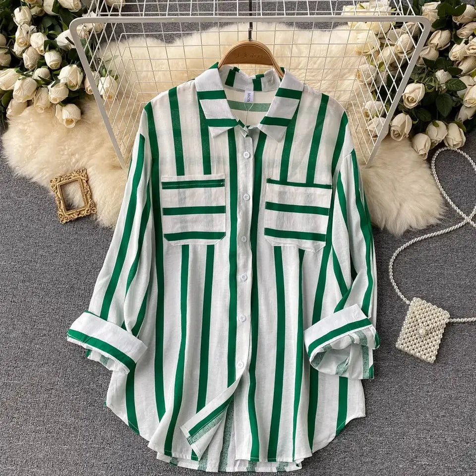 Striped Blouses Women Midi Shirt Single Breasted Cardigan Shirts Loose Turn Down Collar Spring Casual Button Streetwear
