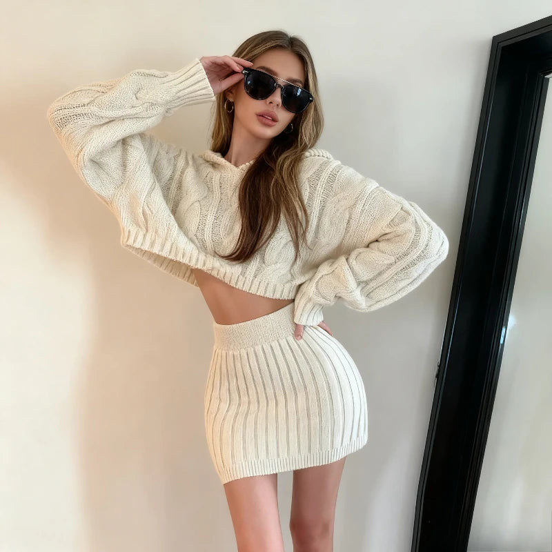 NEW Korean Elegant Hooded Pullover Chic Sweater New Women High Waist Hip Short Skirts 2-piece Set Set Knitted Slim Fit Suit