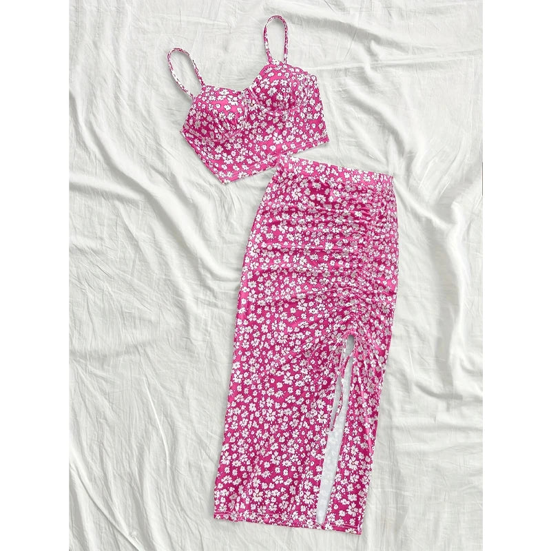 Summer Tops Women's Dress 2 piece suit swimsuit seaside vacation printed suspender Backless Slim top side slit skirt Party Dress