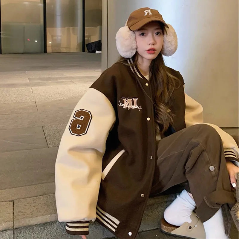 Women Red Brown Fashion Coat Vintage Baseball Jackets  Autumn Y2k Varsity Bomber Jacket Streetwear Outerwear Tide Hip Hop Fall