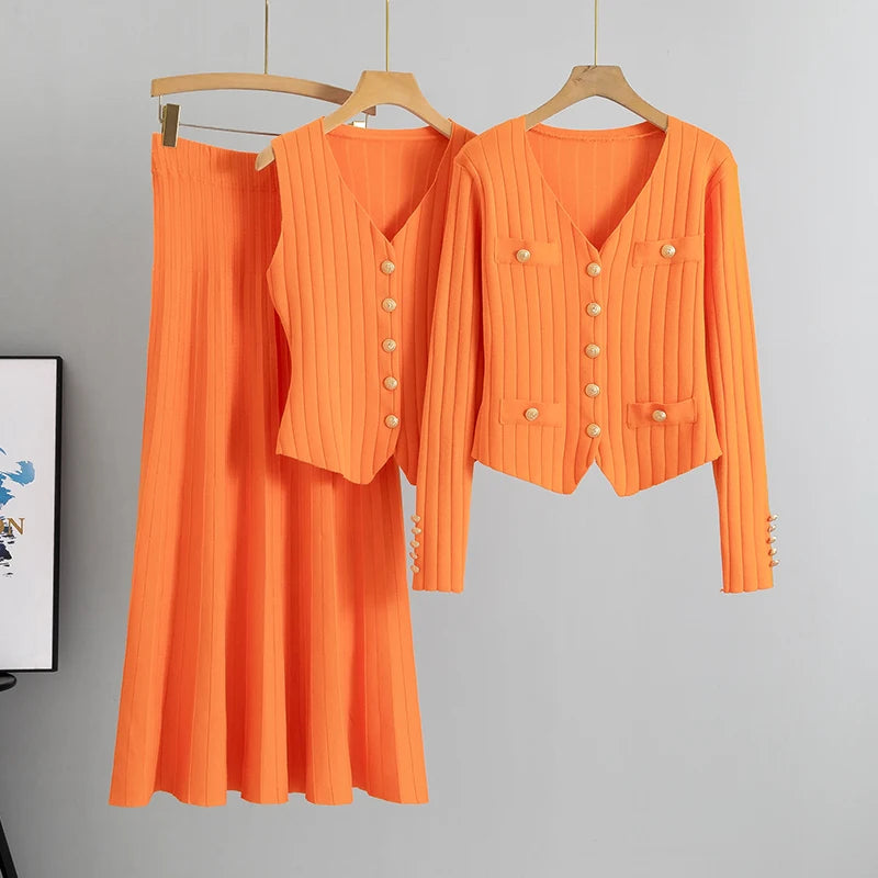 2025 Women Three Piece Sets  Kintted  Vest Pleated Skirt Spring Autumn  Cardigan Top High Waist Skirt New Elegant  Suit