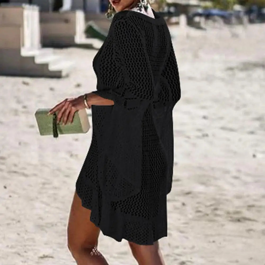 Sexy Women’s Bathing Suit Beach Cover Up Hollow Out Knitted Women Flared Sleeves Solid Color Beach Dress saida de praia