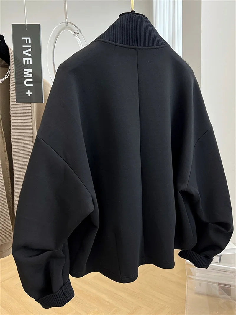 French black unique design coat women's spring and autumn new fashion plus size pleated personality literary leisure cardigan