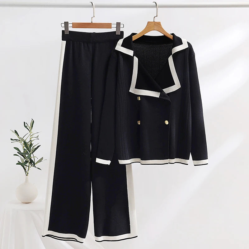 Elegant Knitted Blazer Set Women Black White Tracksuit Women Two Piece Set Casual Winter Knitted Two Piece Set For Women 2024