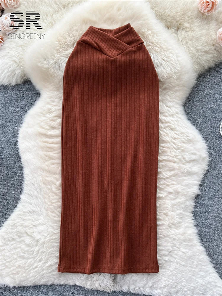 SINGREINY Soft Knit Long Skirt Women Autumn Elastic High Waist Solid Elegant Fashion 2023 Ladies Slim Casual Y2K Classic Skirt