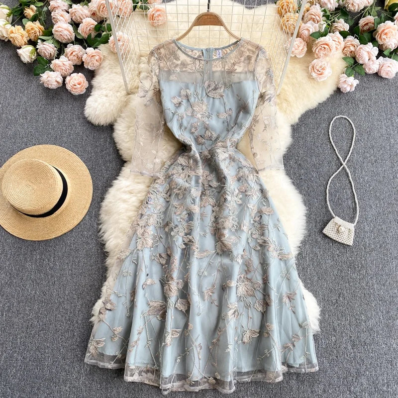 Ele Embroidered Net Gown Dr Korean Sle round Ne High Waist A-Line Skirt for Young Women Summer Faion Dr