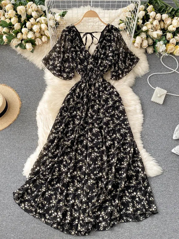 2025 Women Summer Dress Short Flare Sleeve V-neck Chiffon Maxi Dress Boho Style Floral Print High Waist A-line Beach Long Dress