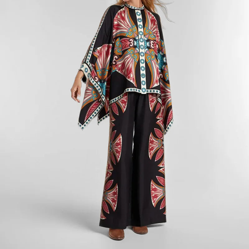 2025 Autumn Fashion Trend Women's Suit Retro Print Irregular Loose Long-sleeved Shirt + Casual Elastic Waist Wide-leg Pants Suit