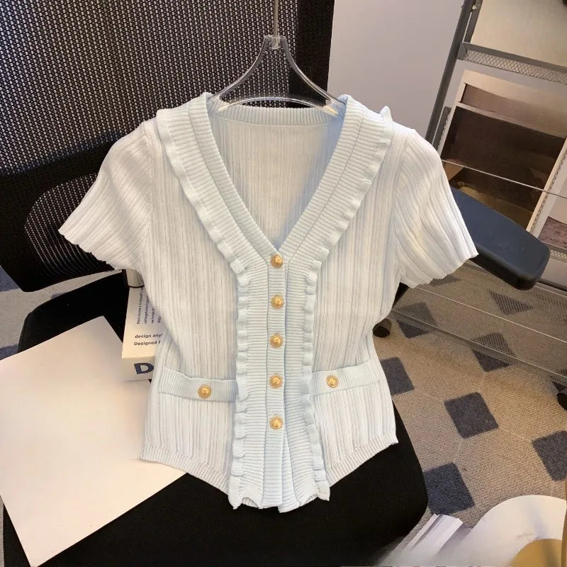 Knitted T Shirt For Women Solid Ruffles Spring Summer V Neck Elegant Ropa De Mujer Single Breasted Sweet T-shirts