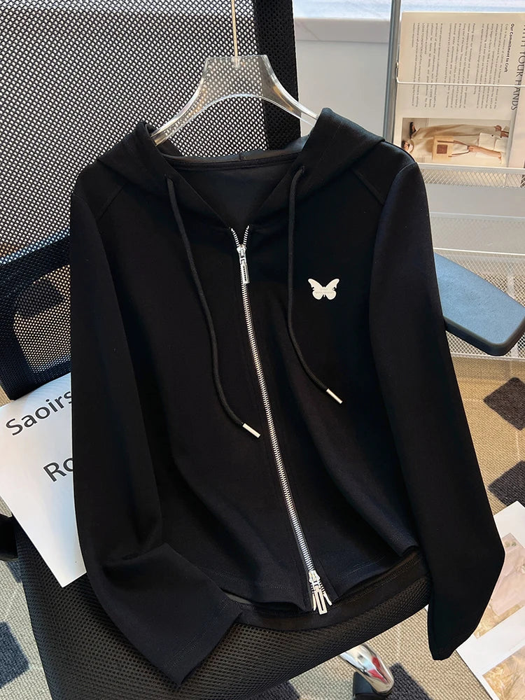 Korean Fashion Hoodies Sweatshirts Women Zipper Long Sleeve Loose Casual Oversized Jumper Black White Jacket Coat Winter Autumn