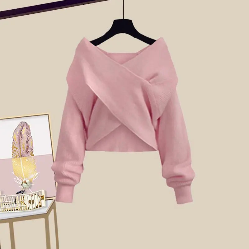 Spring/Summer Set Women's 2023 New Large Women's Korean Slim Cross Sweater High Waist Half Skirt Two Piece Set Fashion