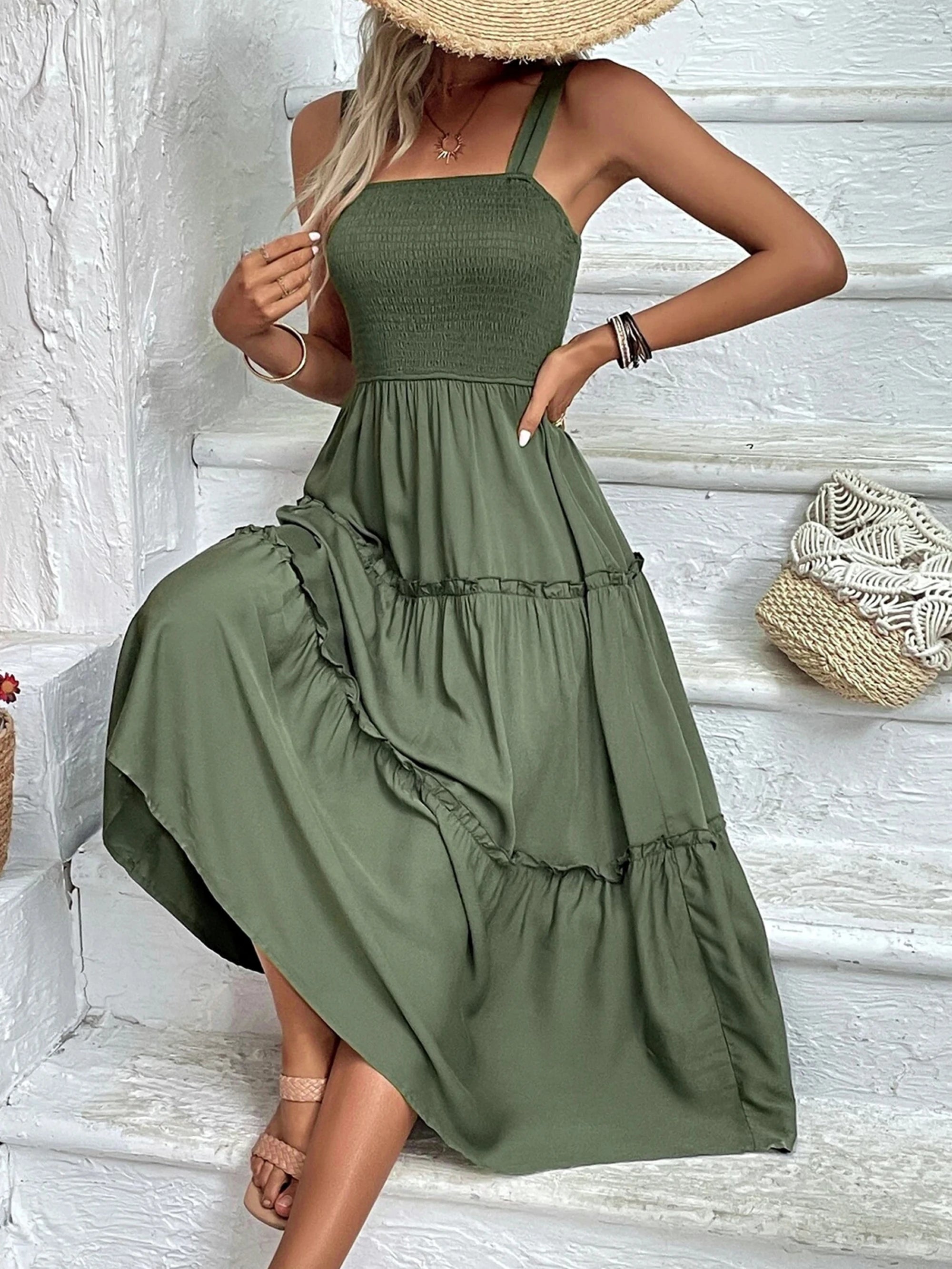 Women's Ruched Bust Ruffle Hem Sleeveless Slip Dress - Summer Sexy Bodycon Tube Strap Dress for Party Beachwear