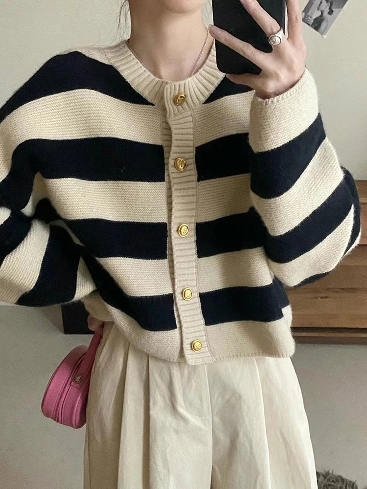 Korean Fashion Sweater Cardigan Women Knitted Striped Sweater Autumn Winter Long Sleeve Loose Short Cardigans Female Casual Tops