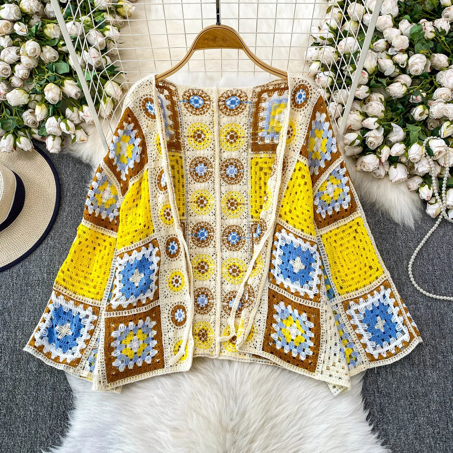 Women's Crochet Cardigan Open Front with Tie Granny Square Openwork Knit Oversized Jacket Top Female Summer Boho Vacation Outfit