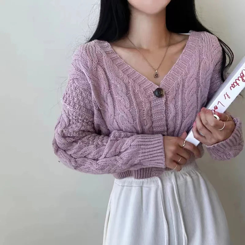 Women Korean Chic Cardigan Sweater Casual All Match Sweet Loose Short Knit Jumpers Female Autumn Winter New Twisted Solid Top