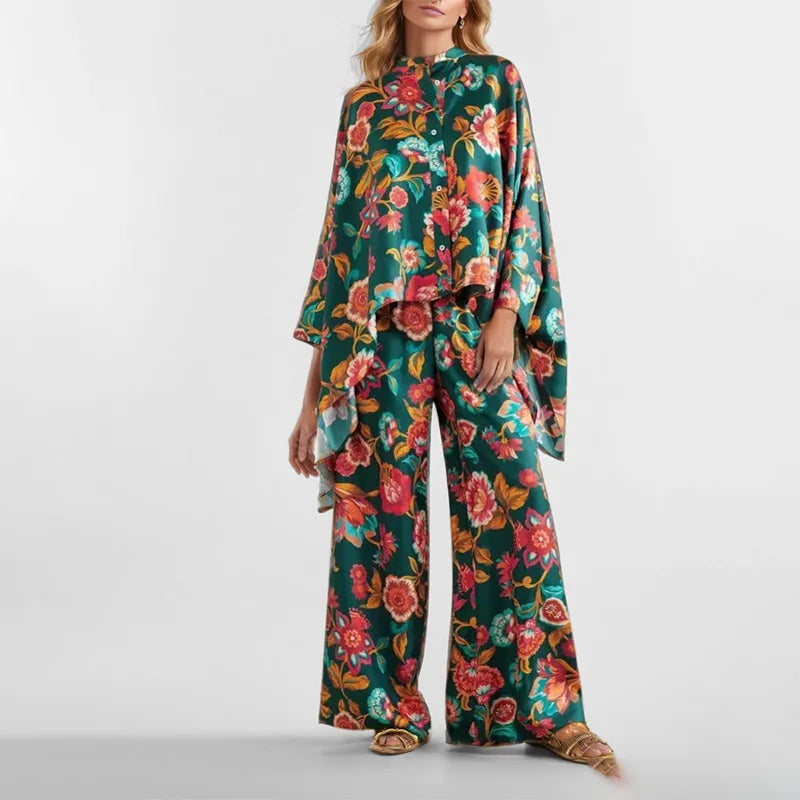 2025 Autumn Fashion Trend Women's Suit Retro Print Irregular Loose Long-sleeved Shirt + Casual Elastic Waist Wide-leg Pants Suit