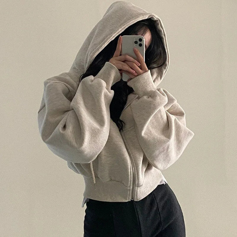 Korean Fashion Hood Shirt Women Zipper Cropped Jackets Streetwear Harajuku Long Sleeve Sweatshirt Solid Casual Female Hoodies