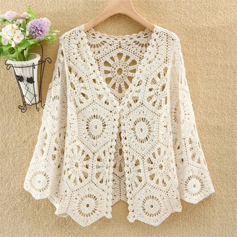 Women's Shirt 2025 Hollow out New Female Coat Knitted Shirt Lace Thin Hook Flower Loose Solid Color Fashion Top Hoodie Versatile