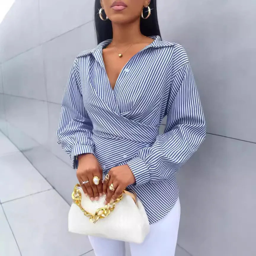 Women's Shirts 2025 Spring Summer Striped Printed New Fashion Loose Casual Blouses Irregular Cross Long-sleeved Design Sense Top