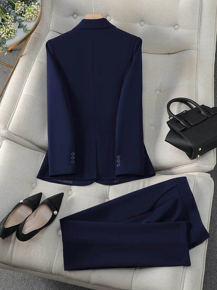 Blue Gray Black Solid  Women Pant Suit Office Ladies Female Business Work Wear 2 Piece Set Formal Blazer Jacket And Trouser