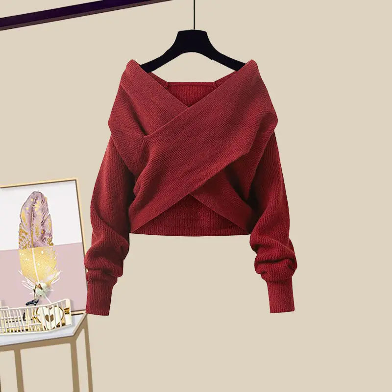 Spring/Summer Set Women's 2023 New Large Women's Korean Slim Cross Sweater High Waist Half Skirt Two Piece Set Fashion