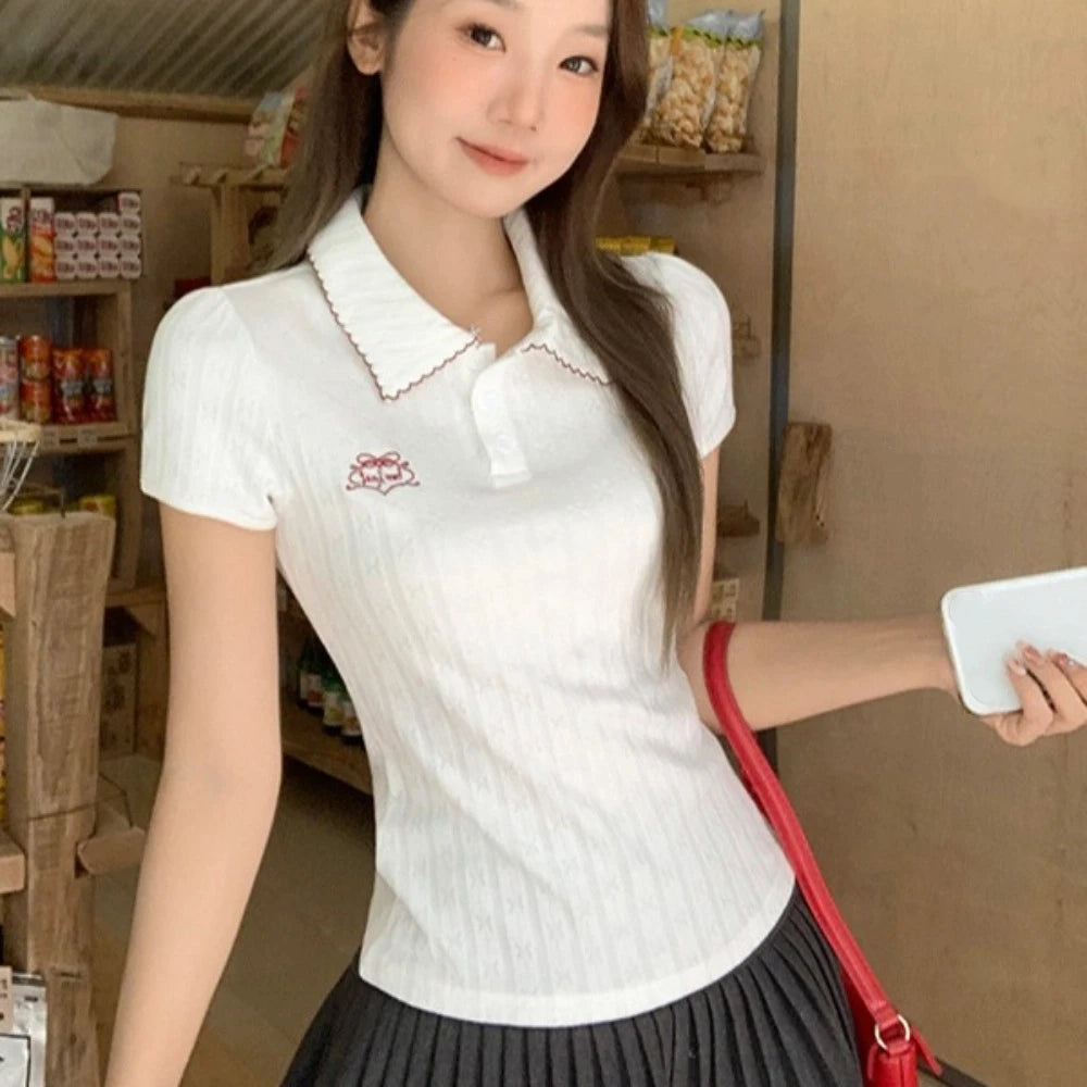 Sweet Embroidery Korean T-Shirt Streetwear Short Knitwear Tops Pullover Tanks Y2K Crop Top Girls