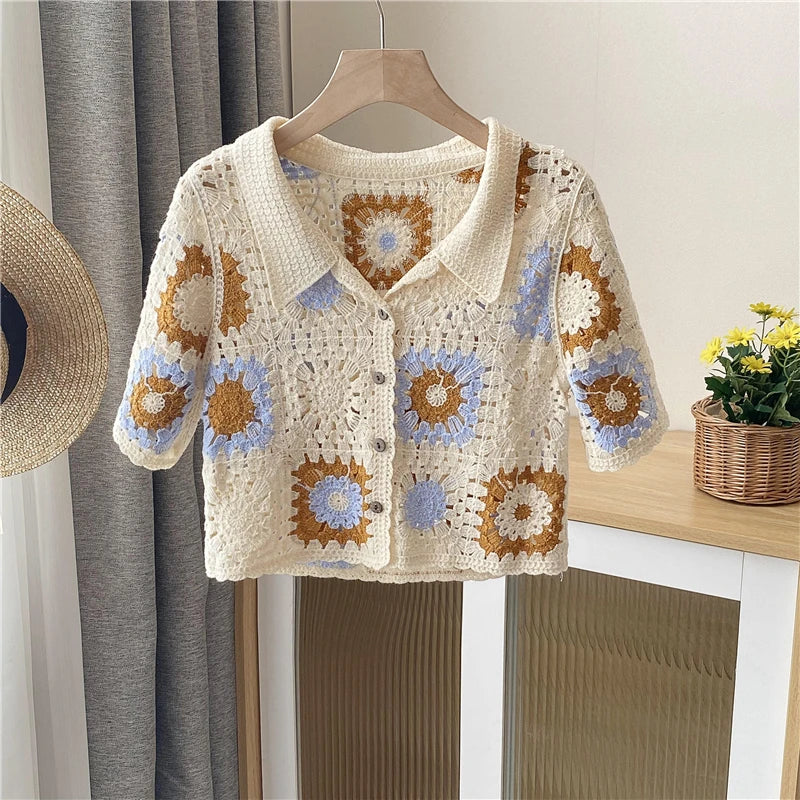 Granny Square Collared Button-up Crochet Top Short Sleeve Sheer Open-knit Crop Cardigan Women Summer Boho Vacation Outfit