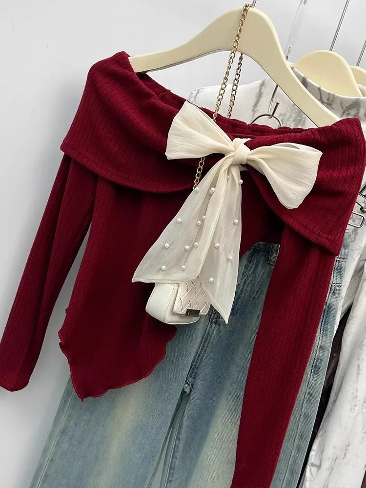 Sweet Korean Fashion Sweater Women's Bow Tied Off Shoulder Irregular Knitted Pullovers Autumn Winter Chic Sexy Short Crop Tops