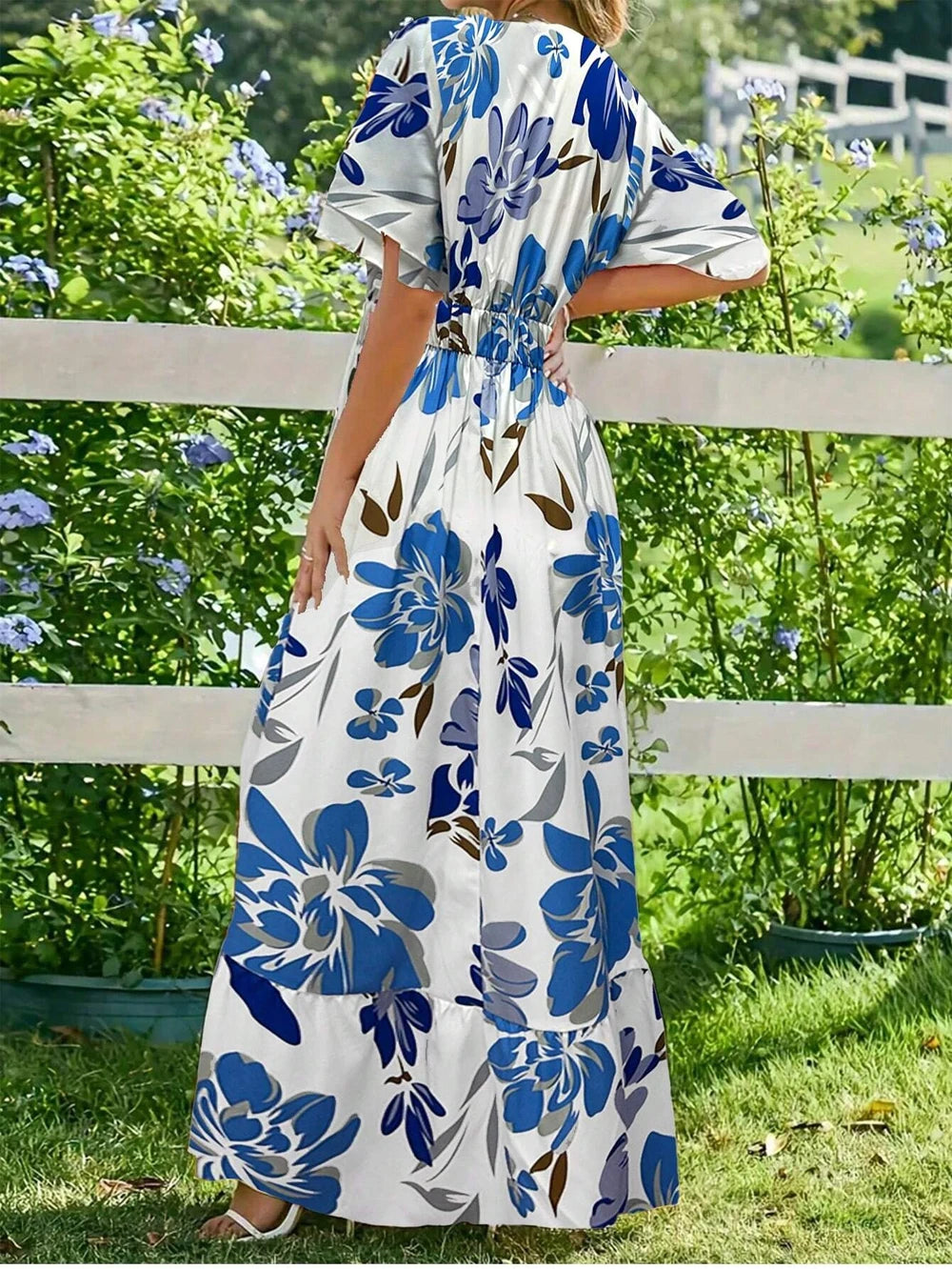 Women's French print frilly short sleeve crew neck dress and floor holiday beachwear