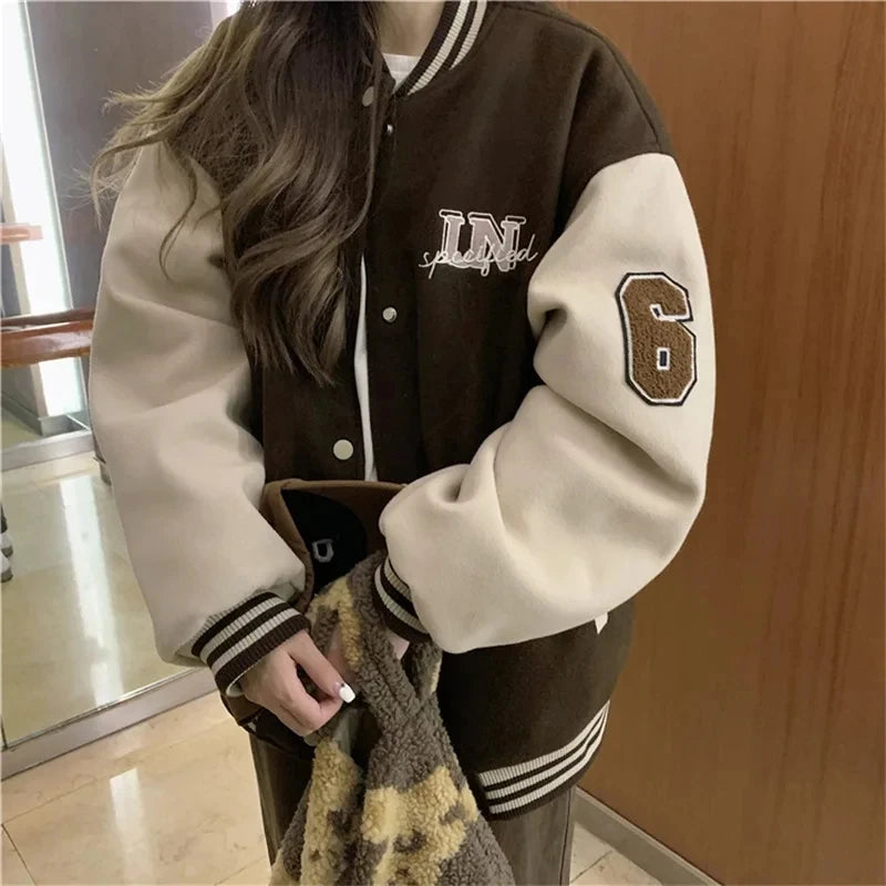 Women Red Brown Fashion Coat Vintage Baseball Jackets  Autumn Y2k Varsity Bomber Jacket Streetwear Outerwear Tide Hip Hop Fall