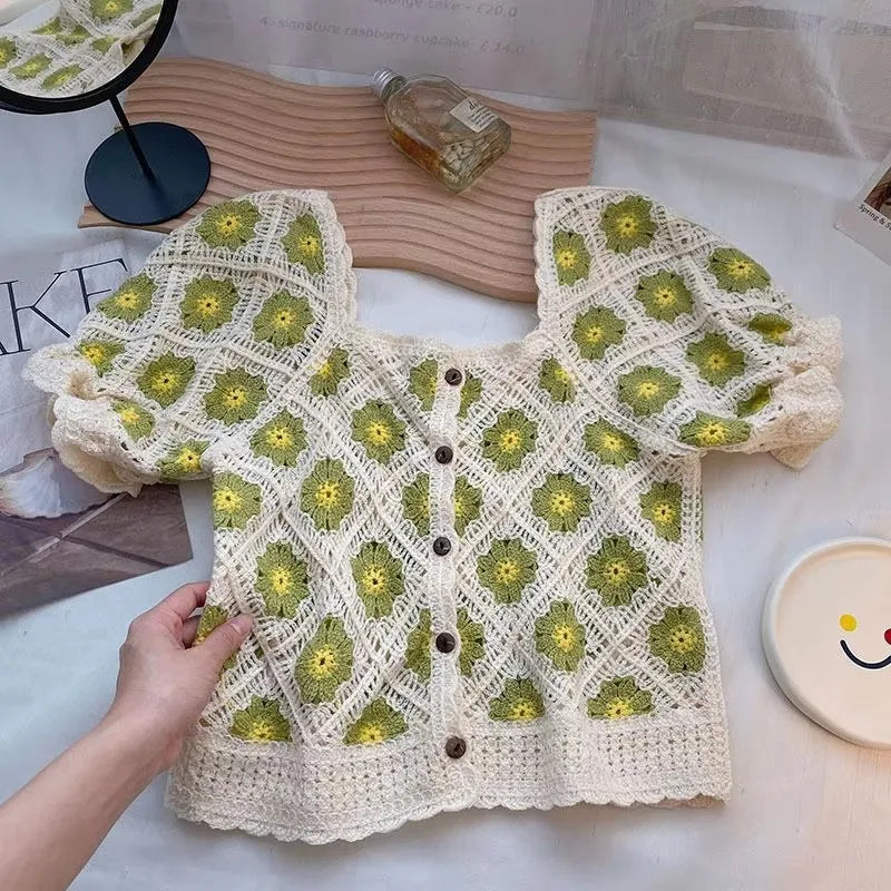 Embroidered Daisy Crochet Top Puff Sleeve Square Neck Openknit Floral Crop Blouse Summer Women Teen-girl Fairycore Outfit