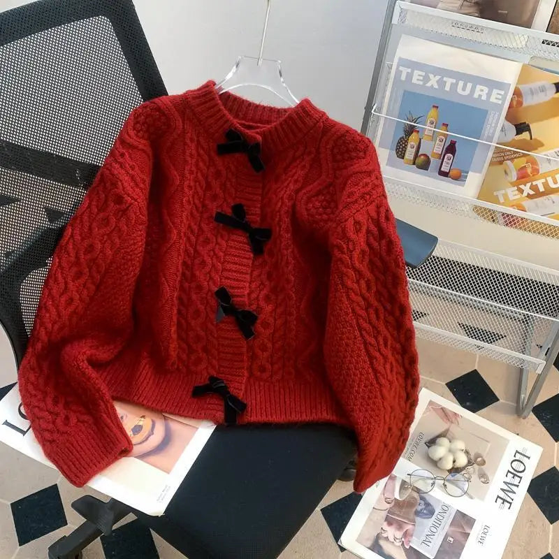 Korean Style Chic Bow Sweater Jacket for Women in Autumn and Winter, Loose, Lazy, Retro, Fashionable, Sweet Knit Sweater