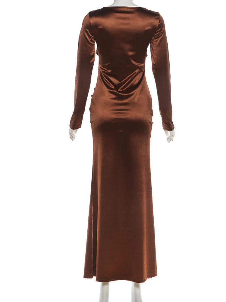 Sisterlinda Silky Satin Long Dress Woman Fashion Trend o-Neck Full Sleeve High Waist Robe Daily Casual Ruched Elegant Vestidos