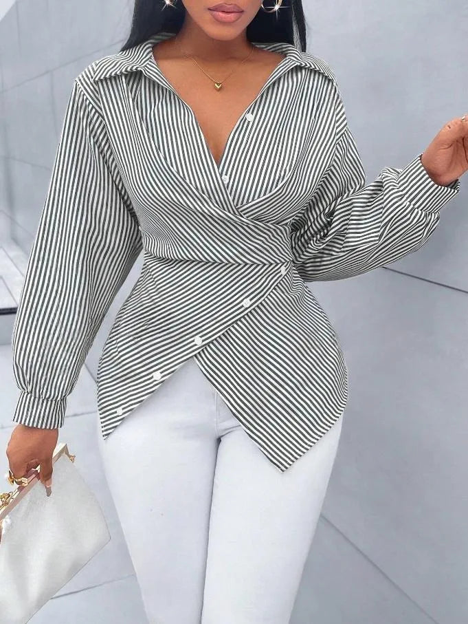 Women's Shirts 2025 Spring Summer Striped Printed New Fashion Loose Casual Blouses Irregular Cross Long-sleeved Design Sense Top