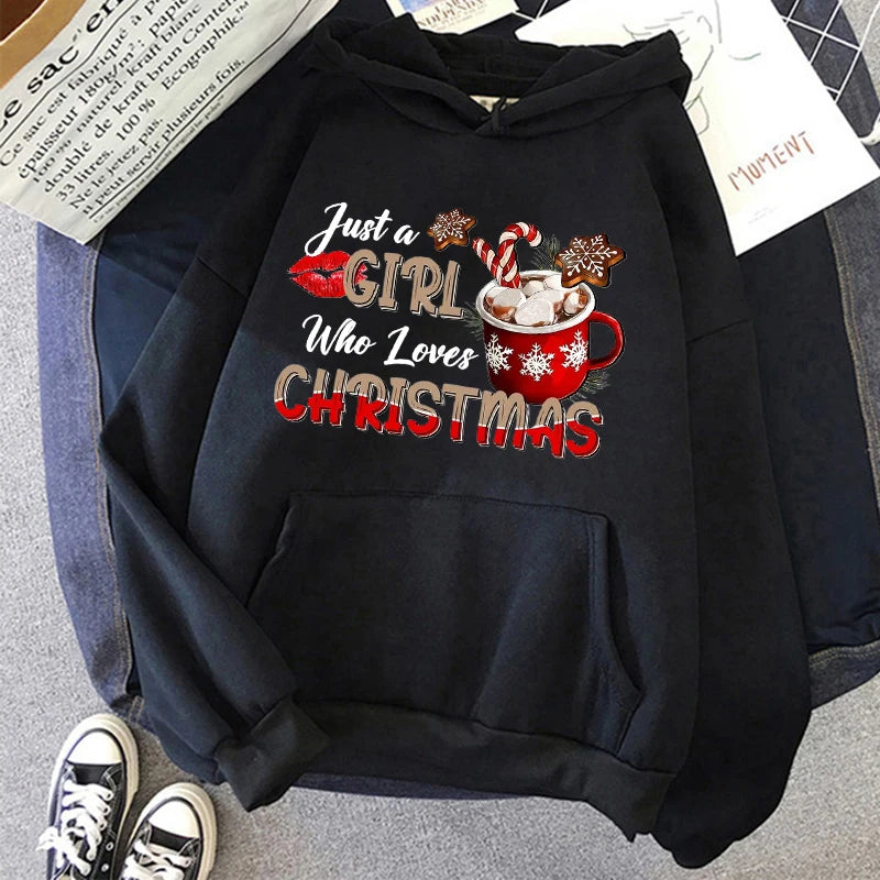 Just A Who Loves Christmas Graphic Hoodies Cozy Holiday Design with Hot Beverage and Snowflakes Sweatshirts Unisex Hoody Clothes