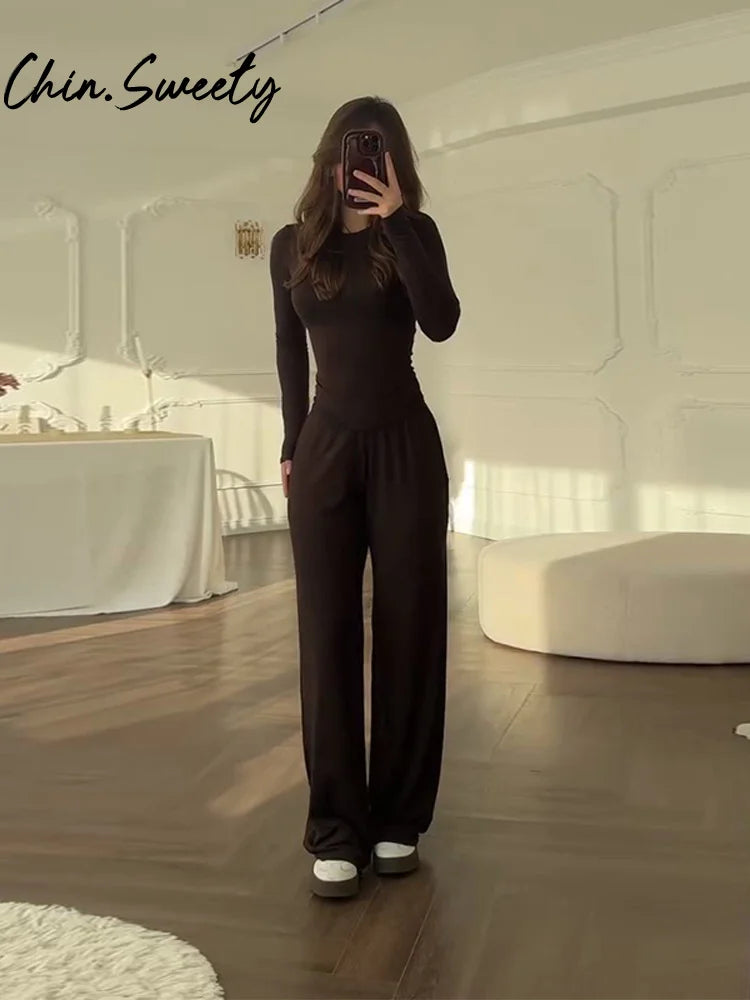 Solid Top Trousers Women Set Slim Long Sleeve O-neck Tops Pleated Straight Pocket Pants 2026 Spring Summer Vacation Lady Outfit