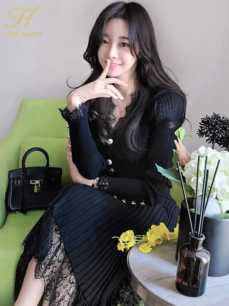 H Han Queen Korean 2 Pieces Set Women's Knitted Bottoming Vestidos Stitching Lace Black Single-breasted Mermaid Lady Skirt Suit