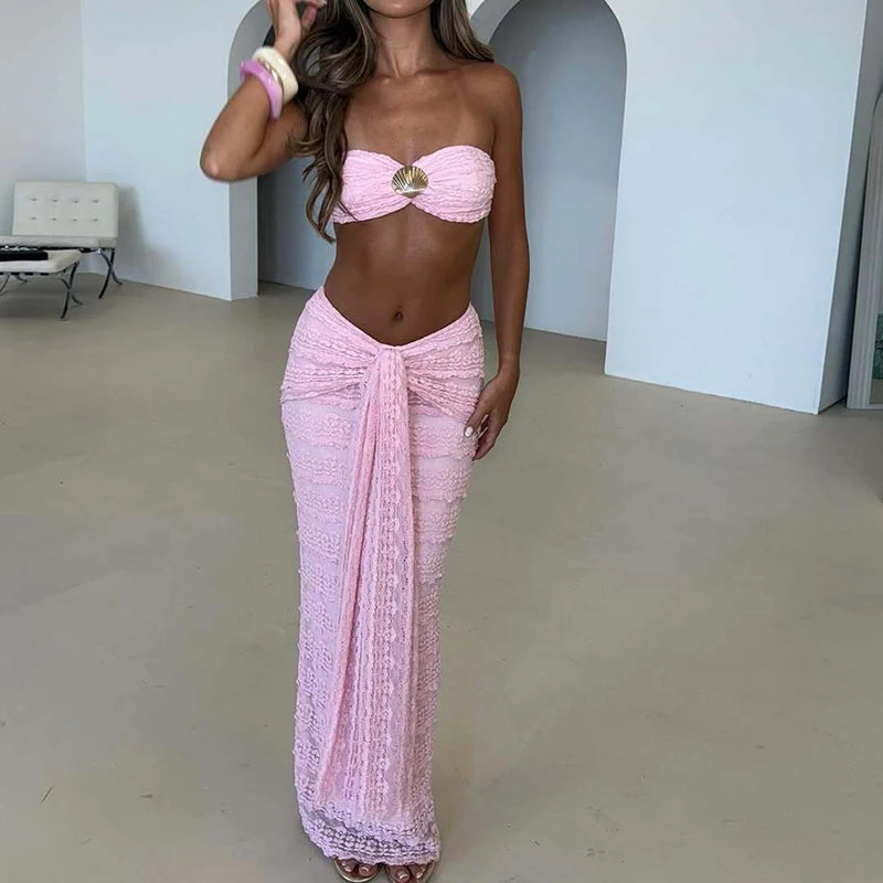 Sexy Solid Hollow Out Swimsuits Outfits Casual Beach Vacation Bathing Suit Set Summer Lace Jacquard Bra&Half Skirts Bikini Sets