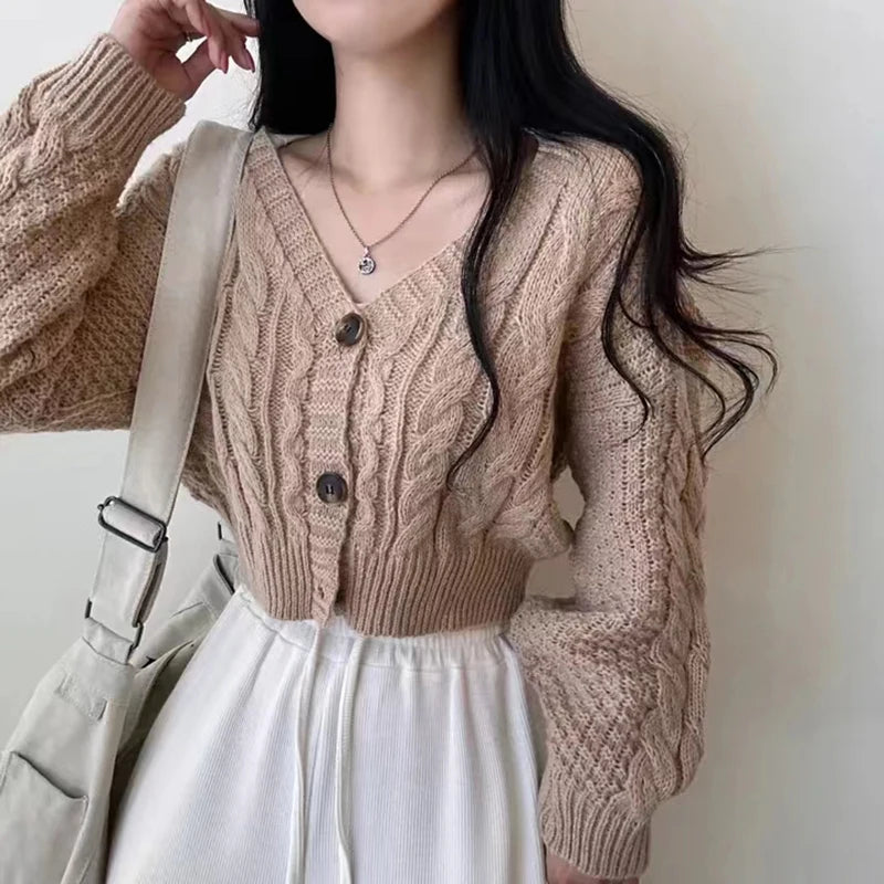 Women Korean Chic Cardigan Sweater Casual All Match Sweet Loose Short Knit Jumpers Female Autumn Winter New Twisted Solid Top