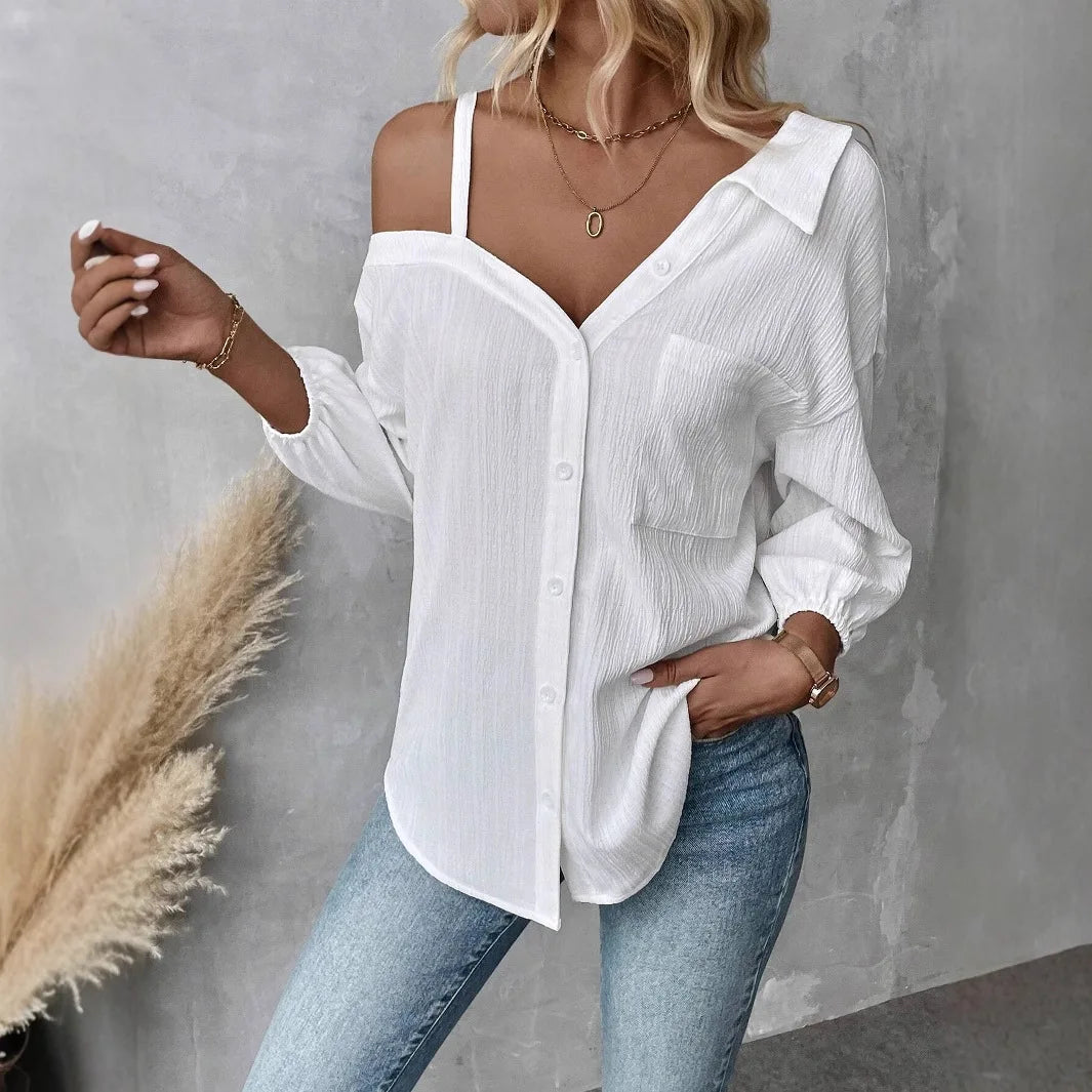 Women Solid Shirt Sexy V Neck Off Shoulder White Shirts Tops Lady Fashion Pockets Button Office Top Womens Clothing Summer New