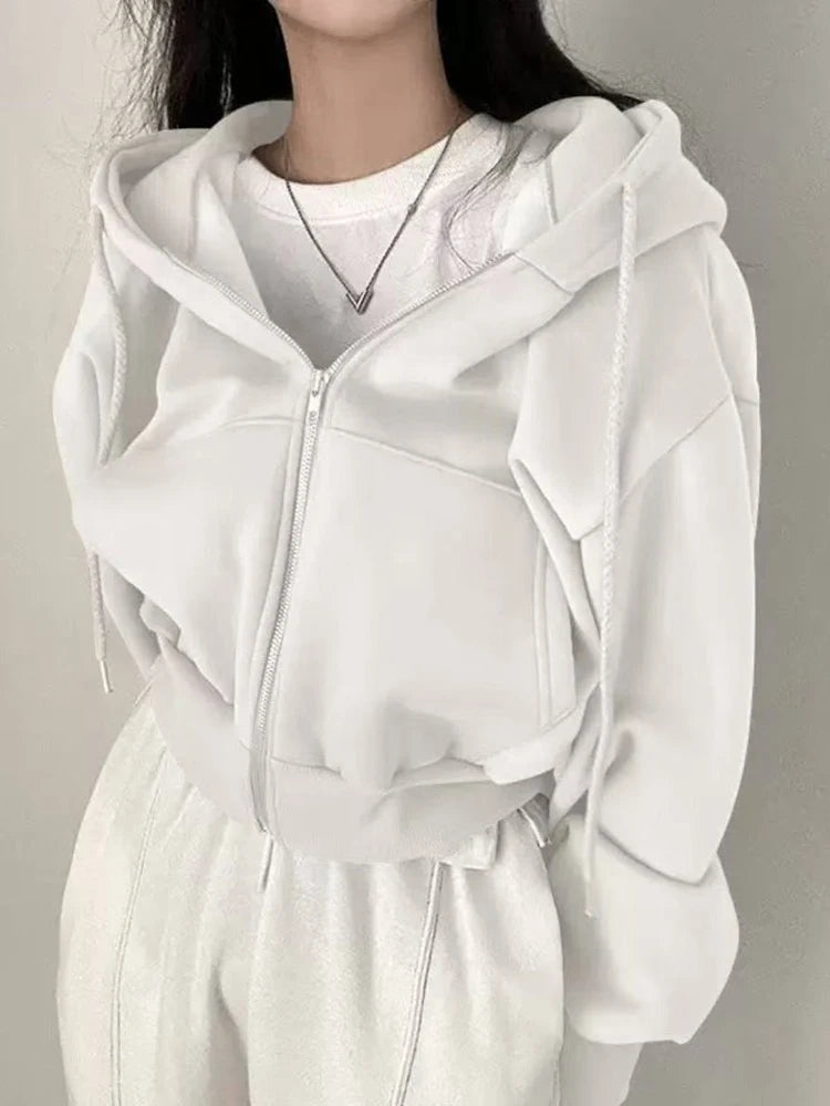 Korean Fashion Hood Shirt Women Zipper Cropped Jackets Streetwear Harajuku Long Sleeve Sweatshirt Solid Casual Female Hoodies