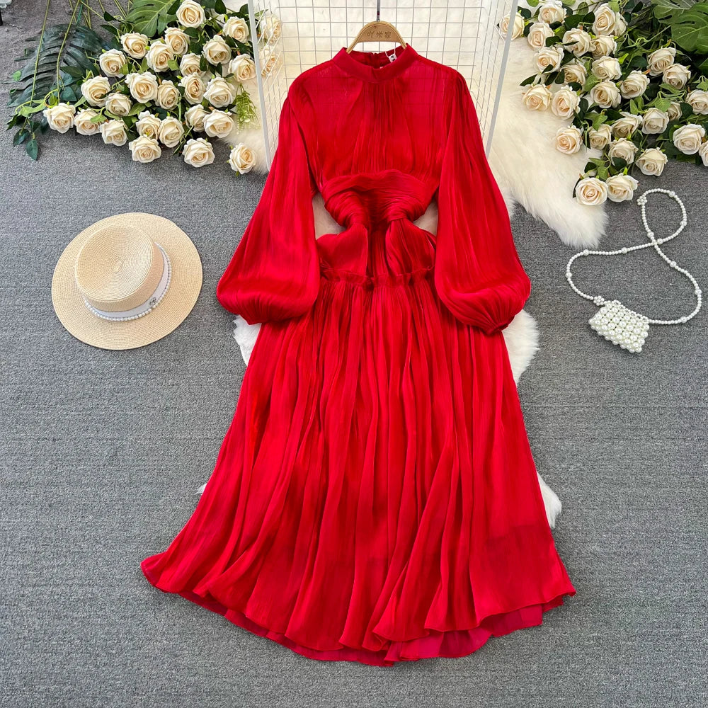 Elegant Long Sleeve Midi Party Dresses Women Summer Autumn Bright Faux Silk Retro Solid Evening Party Vestidos